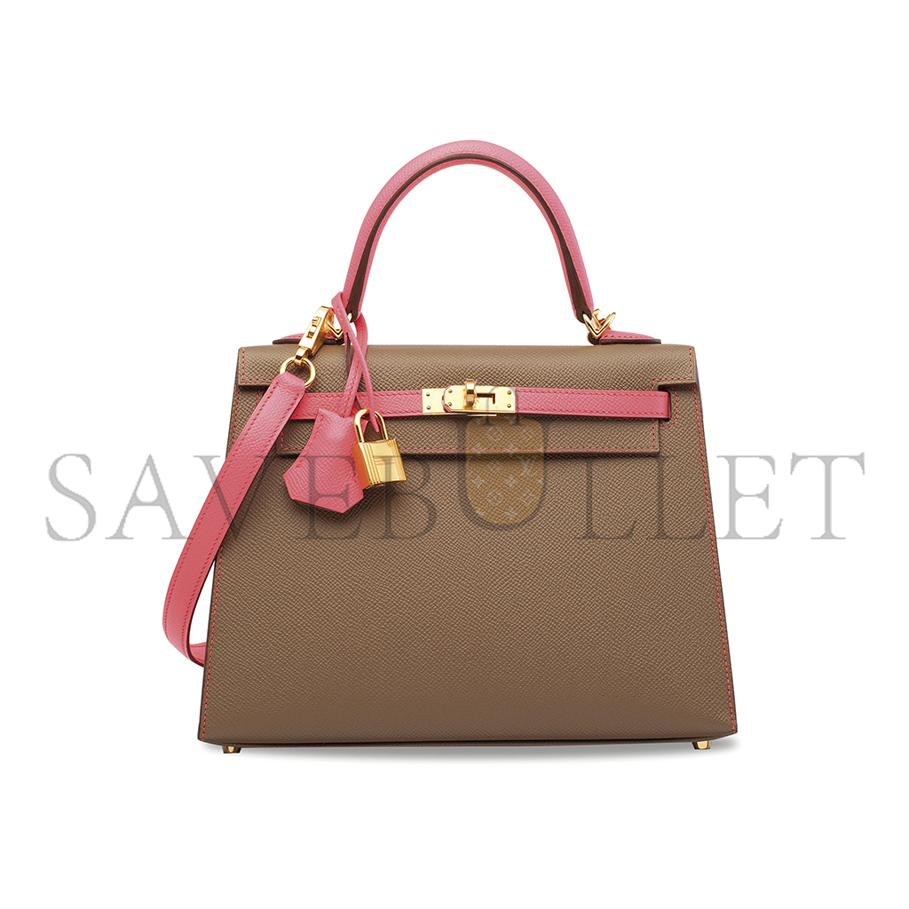 HERMÈS ÉTOUPE & ROSE AZALÉE EPSOM KELLY 25 WITH GOLD HARDWARE (25*17*7cm) 